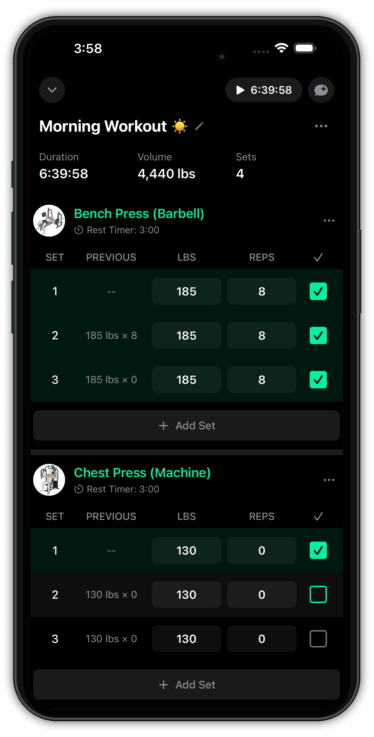 EVEX active workout logging screen