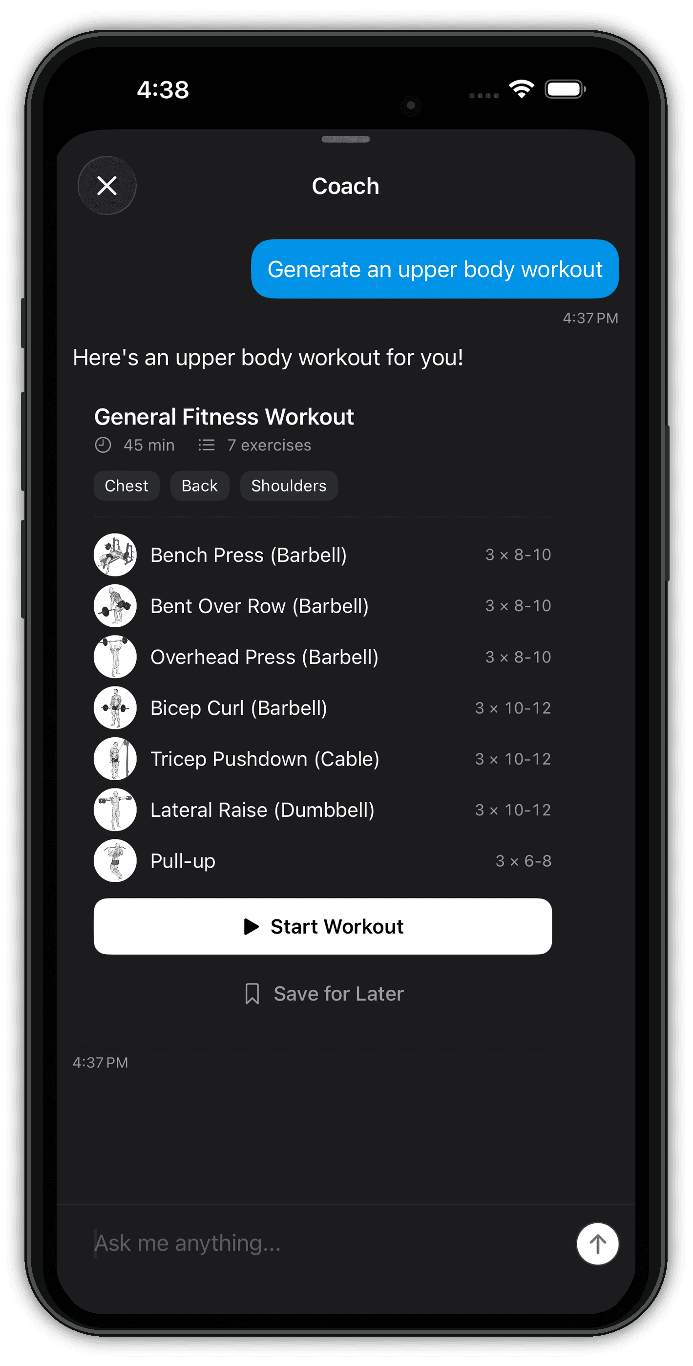 EVEX AI coach chat screen