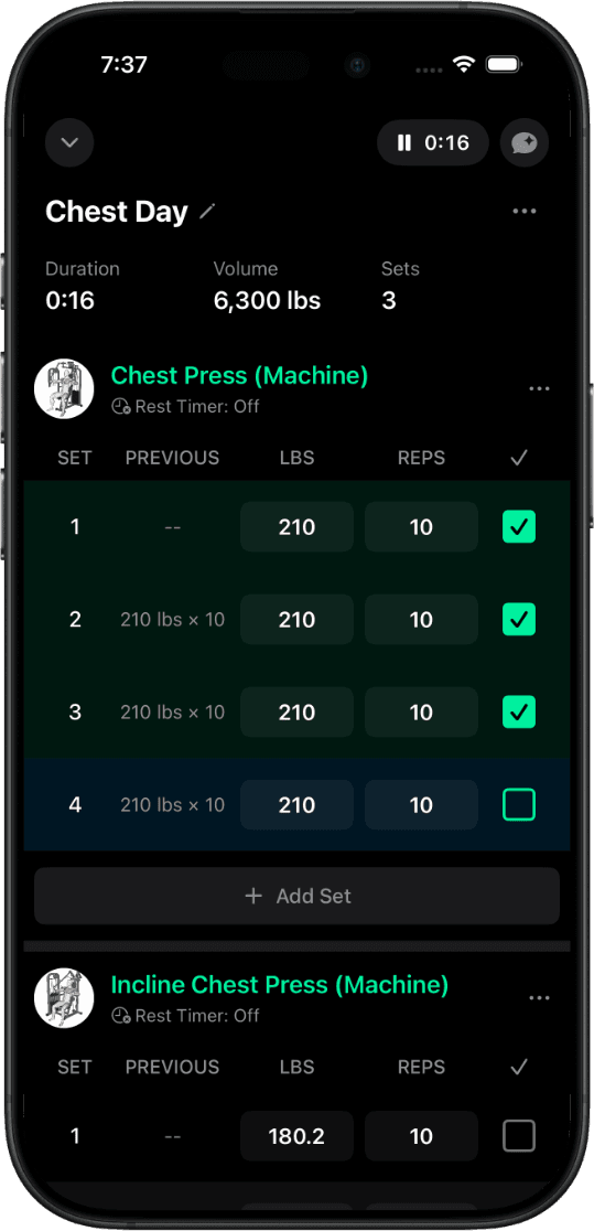 EVEX active workout logging screen